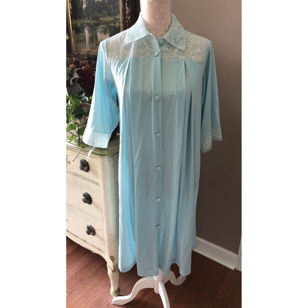 Vtg 60s Robe Dressing Gown Henson Kickernick Nylon Lace Chiffon Blue Women's S